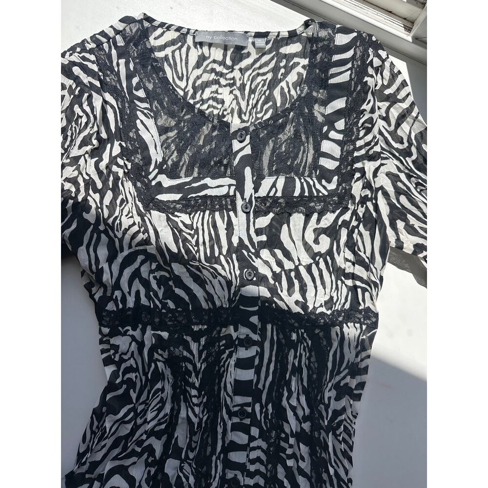 NY Collection Zebra Print Lace Trim Blouse M Coquette Boho Sheer Ruffle Top